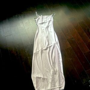 Lavender satin maxi dress with tied back closure with lace + zipper closure